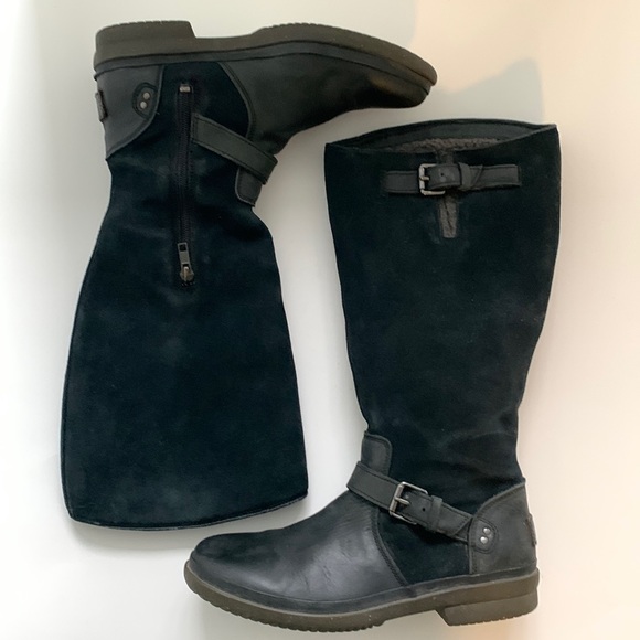 UGG - US 8 tall black boots suede and leather thick lined insulated wate… - Picture 1 of 12